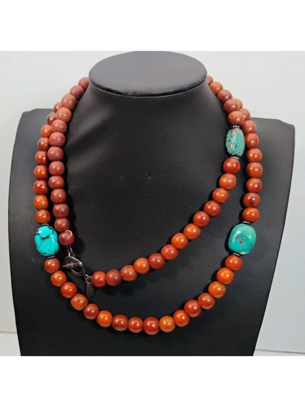 Signed Peyote Bird Designs Turquoise Nugget & Wood Bead Extra Long Necklace 36